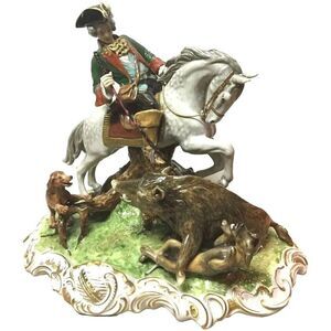 Unterweissbach Dresden Glazed Porcelain Hunter on Horse Figurine from Germany